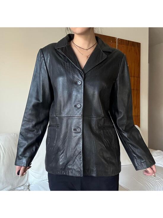 Jones New York Jackets & Blazers - Black leather blazer with button front and pockets